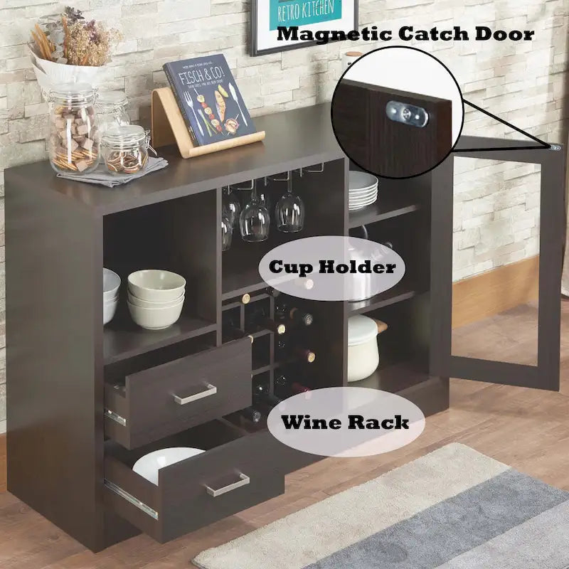 Mobile bar/cantinetta da caffè espresso con anta in vetro, portabicchieri e portabottiglie
