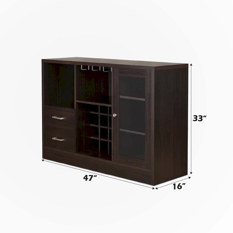 Mobile bar/cantinetta da caffè espresso con anta in vetro, portabicchieri e portabottiglie