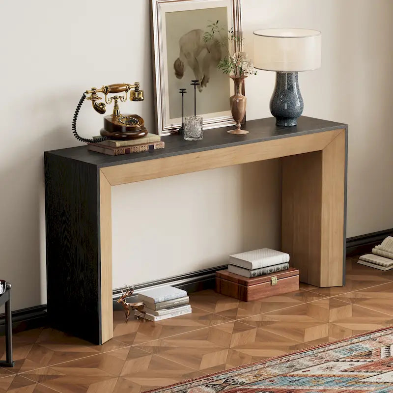 Consolle in stile camino con ripiano in impiallacciatura di legno, 59L x 15P x 32A