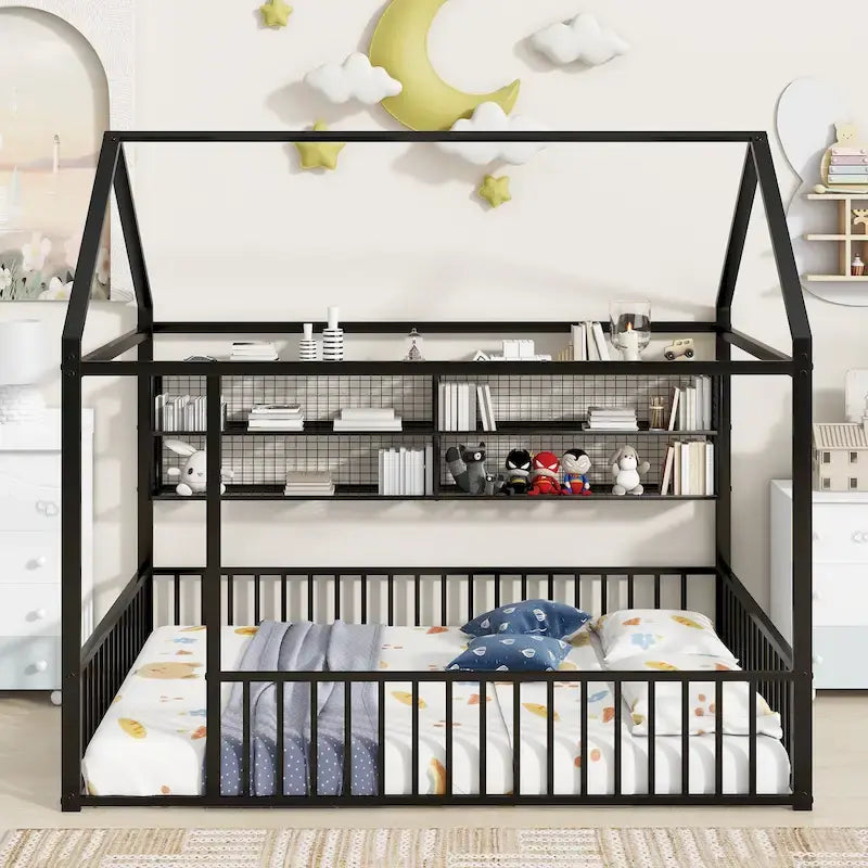 Struttura letto a casetta in metallo full size con ripiani a griglia, letto a pavimento per bambini