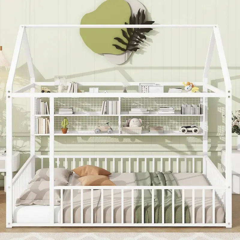 Struttura letto a casetta in metallo full size con ripiani a griglia, letto a pavimento per bambini