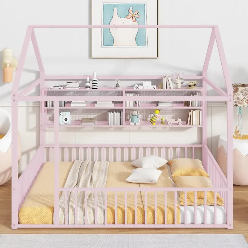 Struttura letto a casetta in metallo full size con ripiani a griglia, letto a pavimento per bambini