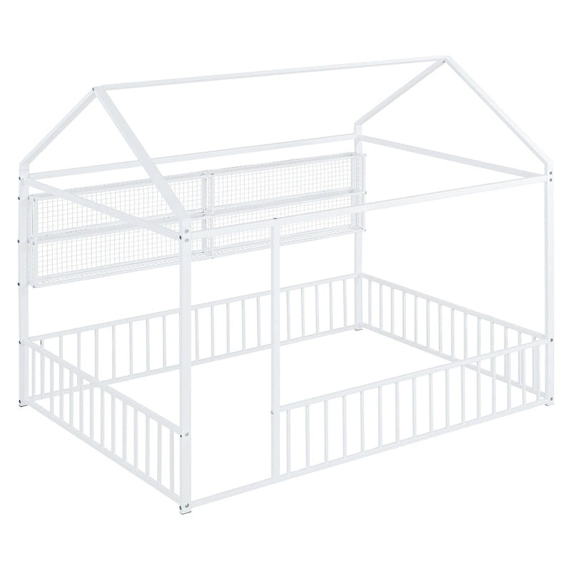 Struttura letto a casetta in metallo full size con ripiani a griglia, letto a pavimento per bambini