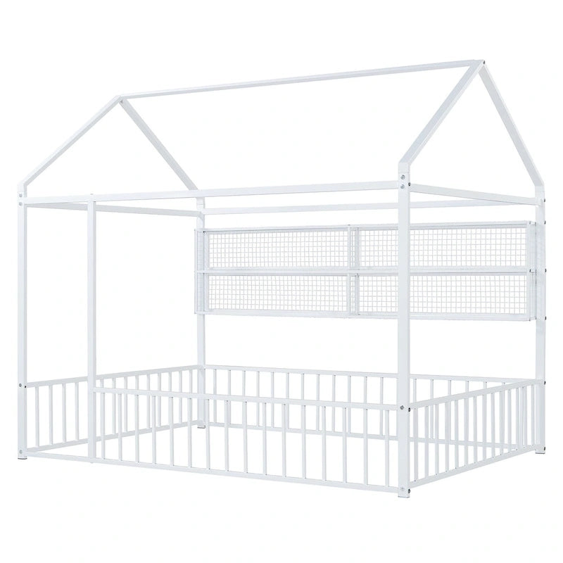 Struttura letto a casetta in metallo full size con ripiani a griglia, letto a pavimento per bambini