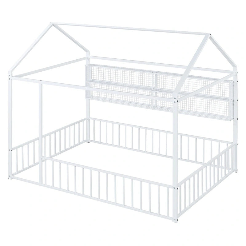 Struttura letto a casetta in metallo full size con ripiani a griglia, letto a pavimento per bambini
