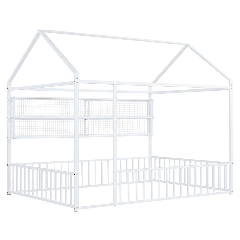 Struttura letto a casetta in metallo full size con ripiani a griglia, letto a pavimento per bambini