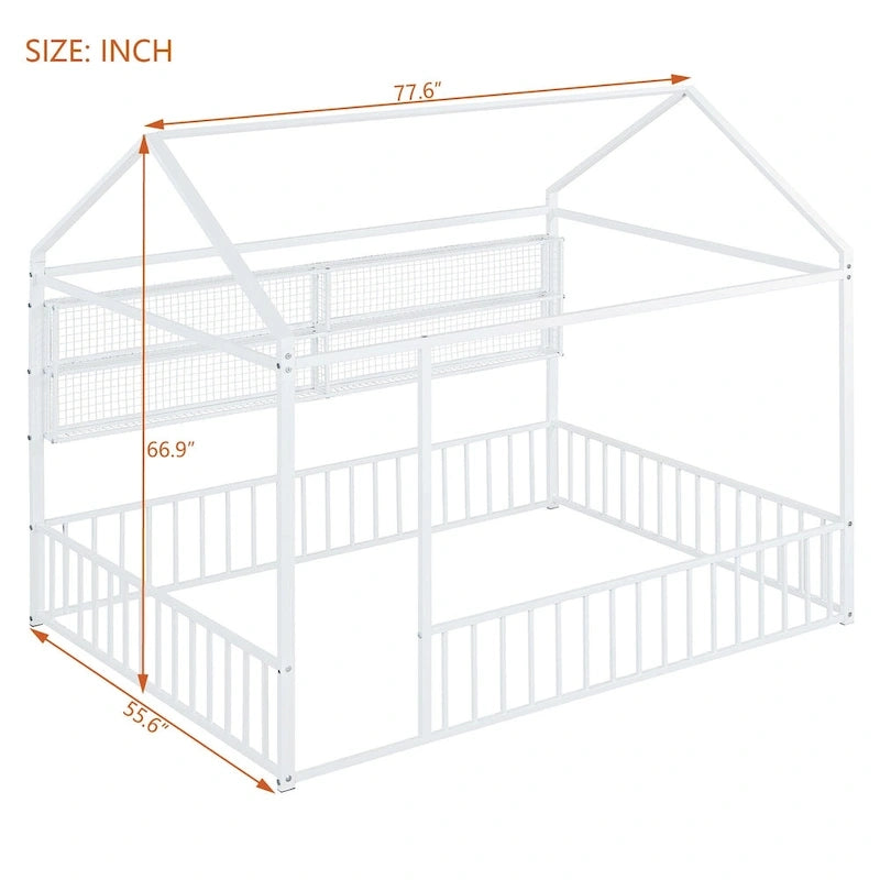Struttura letto a casetta in metallo full size con ripiani a griglia, letto a pavimento per bambini