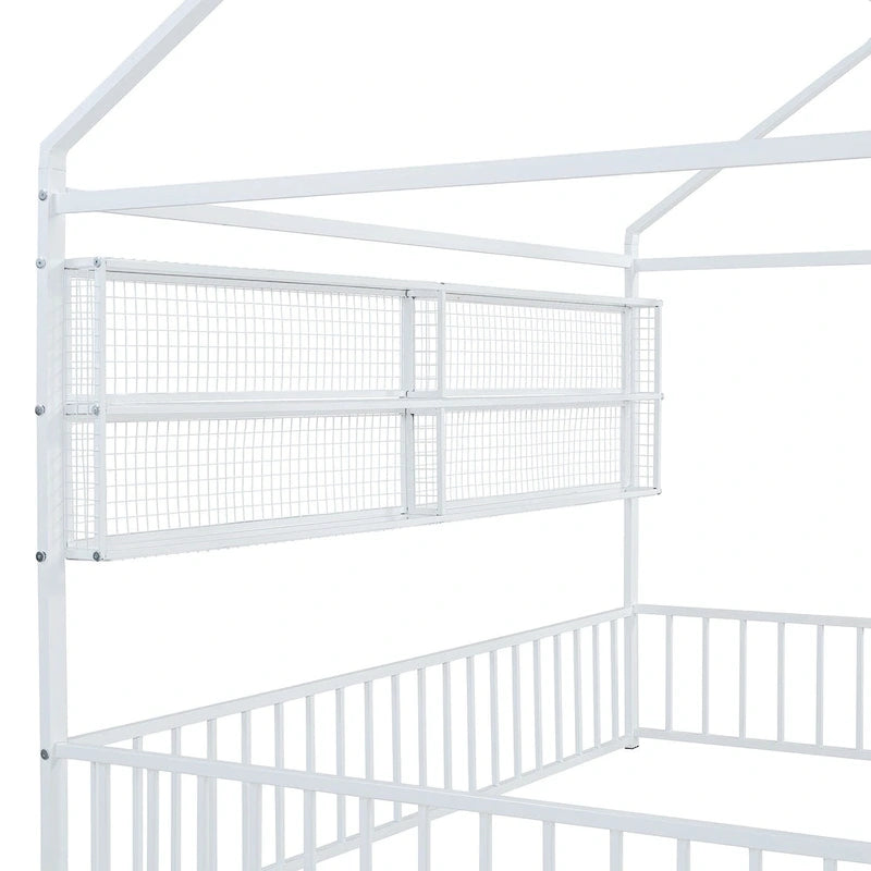 Struttura letto a casetta in metallo full size con ripiani a griglia, letto a pavimento per bambini