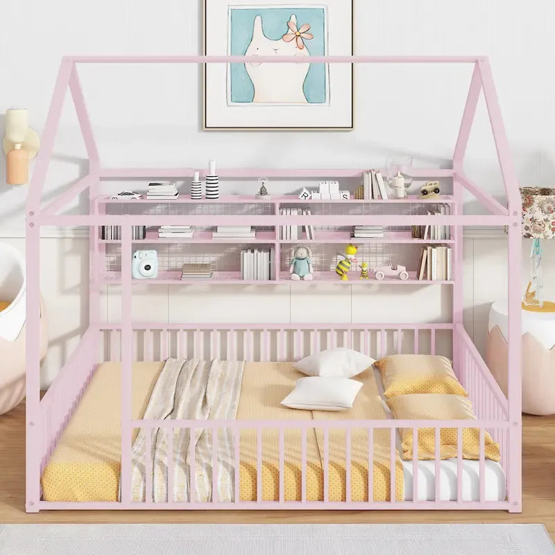Struttura letto a casetta in metallo full size con ripiani a griglia, letto a pavimento per bambini