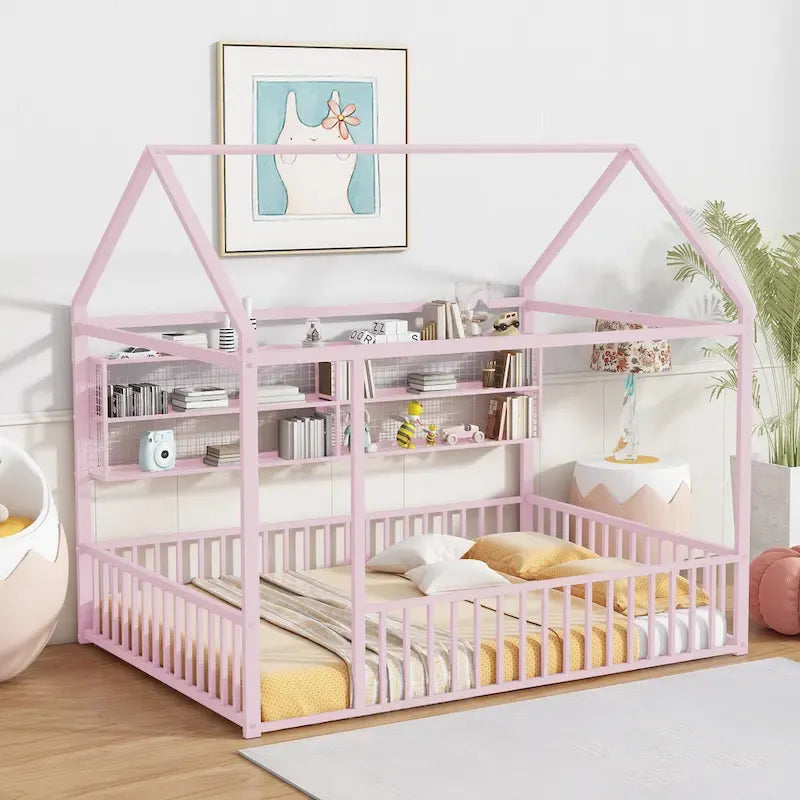 Struttura letto a casetta in metallo full size con ripiani a griglia, letto a pavimento per bambini