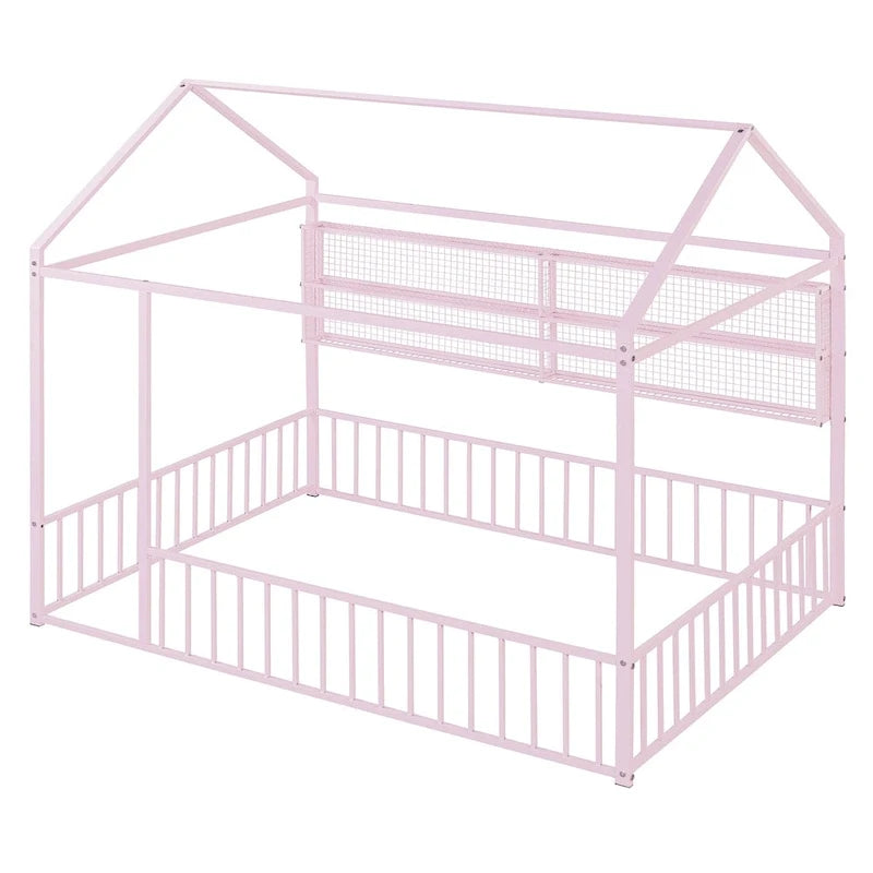 Struttura letto a casetta in metallo full size con ripiani a griglia, letto a pavimento per bambini