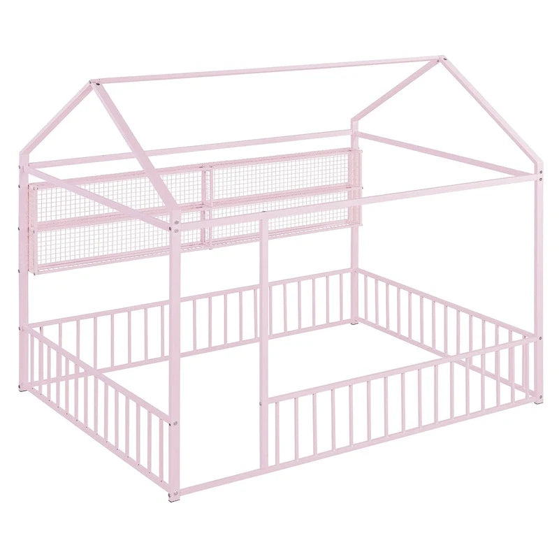 Struttura letto a casetta in metallo full size con ripiani a griglia, letto a pavimento per bambini