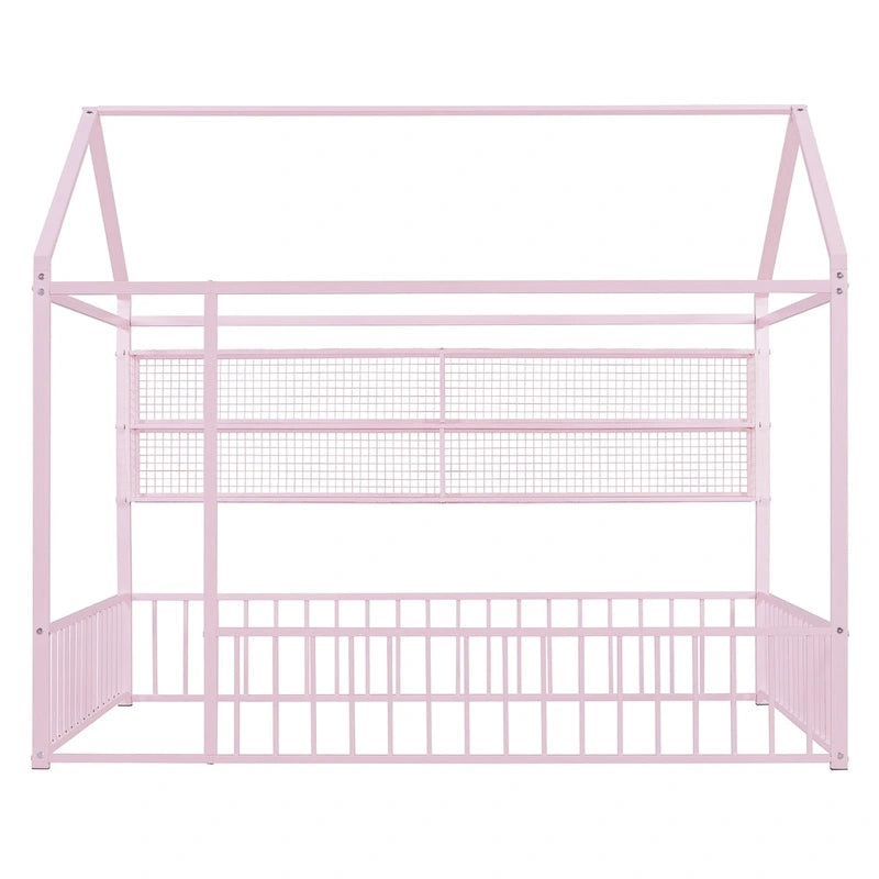 Struttura letto a casetta in metallo full size con ripiani a griglia, letto a pavimento per bambini