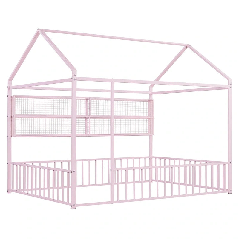 Struttura letto a casetta in metallo full size con ripiani a griglia, letto a pavimento per bambini