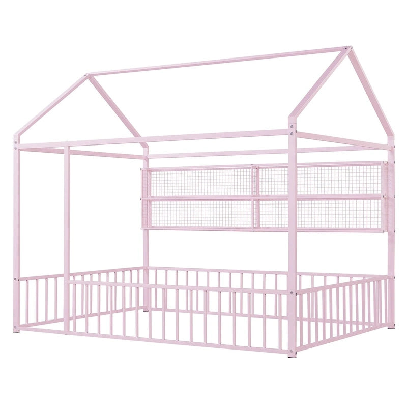 Struttura letto a casetta in metallo full size con ripiani a griglia, letto a pavimento per bambini