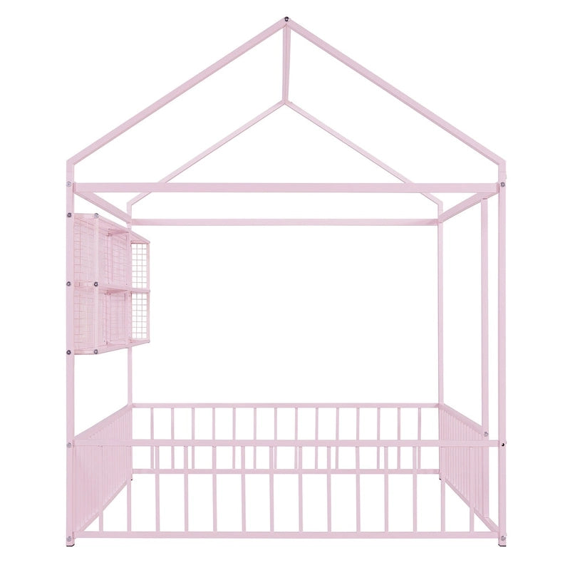 Struttura letto a casetta in metallo full size con ripiani a griglia, letto a pavimento per bambini