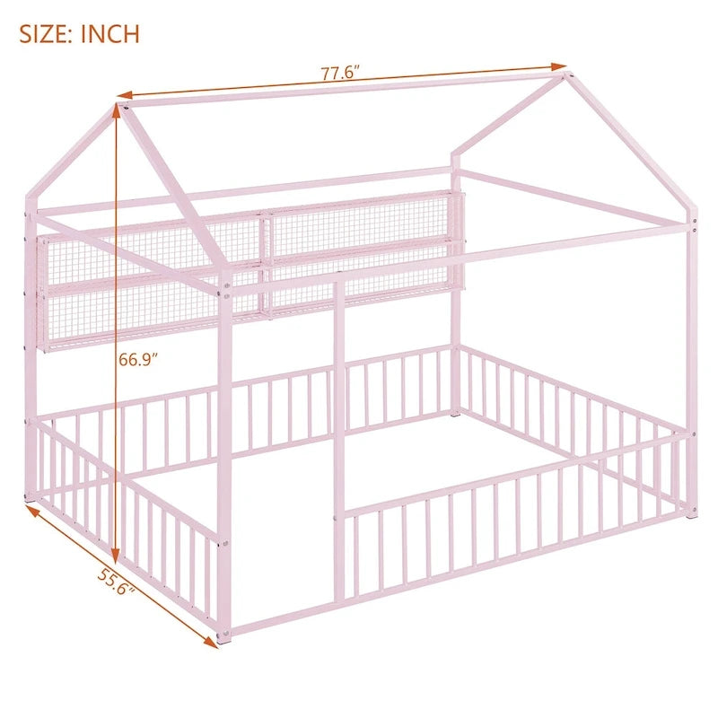 Struttura letto a casetta in metallo full size con ripiani a griglia, letto a pavimento per bambini