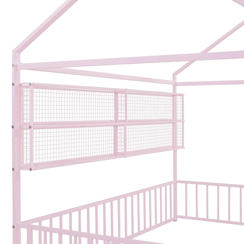 Struttura letto a casetta in metallo full size con ripiani a griglia, letto a pavimento per bambini