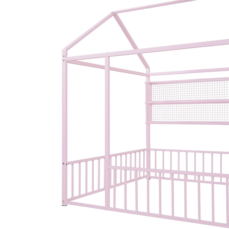 Struttura letto a casetta in metallo full size con ripiani a griglia, letto a pavimento per bambini