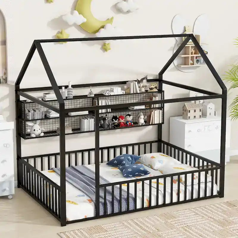 Struttura letto a casetta in metallo full size con ripiani a griglia, letto a pavimento per bambini