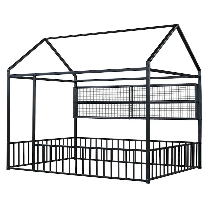 Struttura letto a casetta in metallo full size con ripiani a griglia, letto a pavimento per bambini