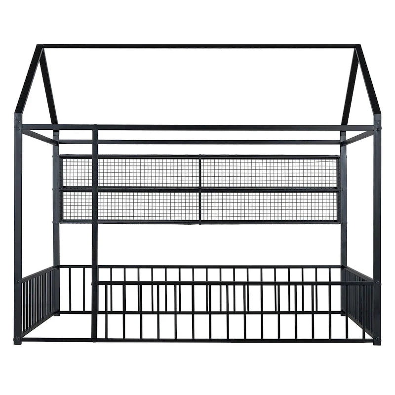 Struttura letto a casetta in metallo full size con ripiani a griglia, letto a pavimento per bambini