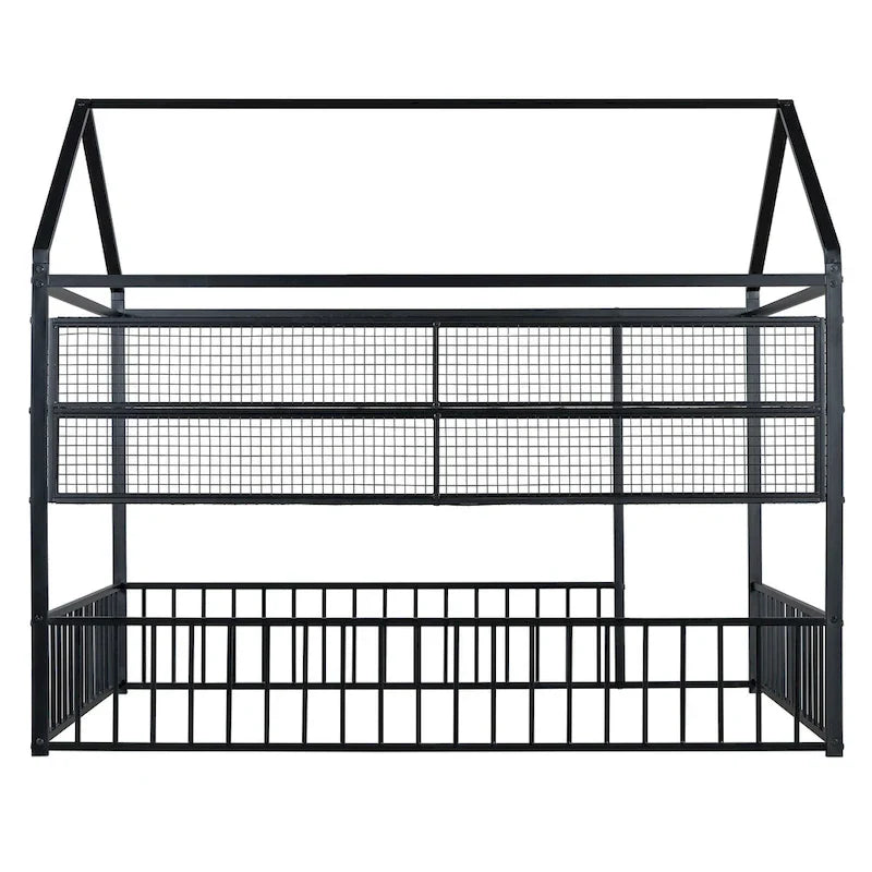 Struttura letto a casetta in metallo full size con ripiani a griglia, letto a pavimento per bambini