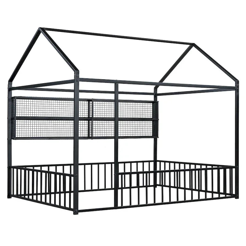 Struttura letto a casetta in metallo full size con ripiani a griglia, letto a pavimento per bambini