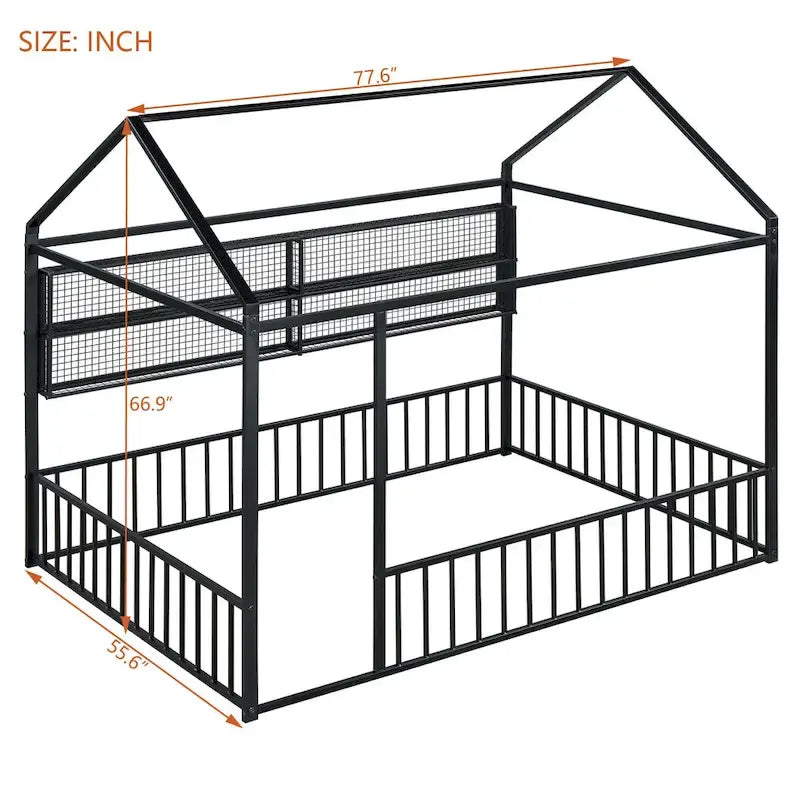 Struttura letto a casetta in metallo full size con ripiani a griglia, letto a pavimento per bambini