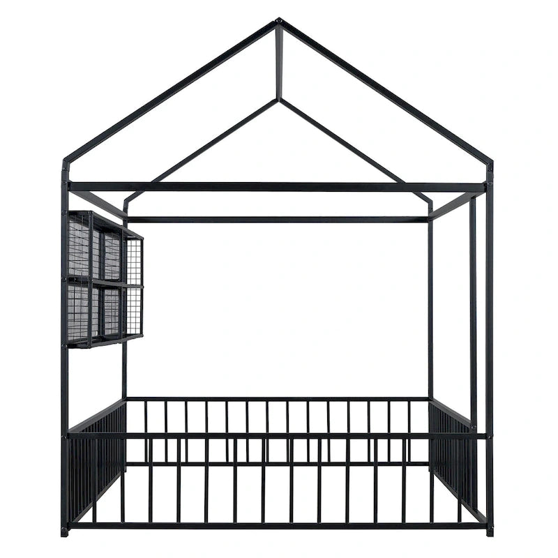 Struttura letto a casetta in metallo full size con ripiani a griglia, letto a pavimento per bambini