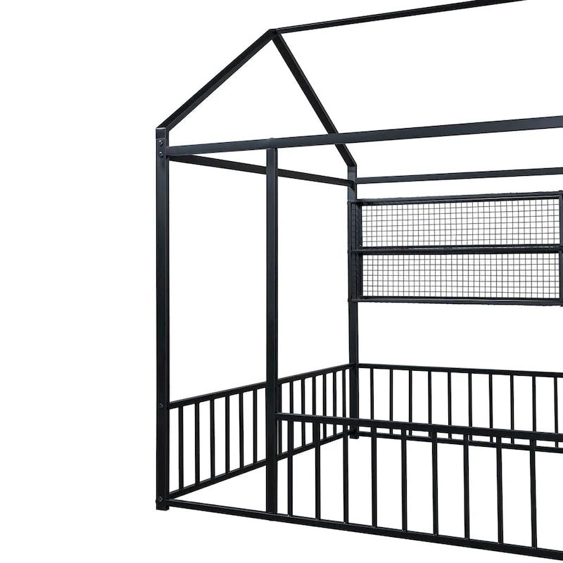 Struttura letto a casetta in metallo full size con ripiani a griglia, letto a pavimento per bambini