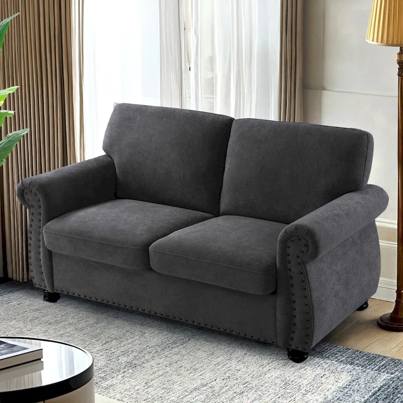 Divanetto in Velluto Stile Mid-Century Modern con Borchie e Gambe in Legno