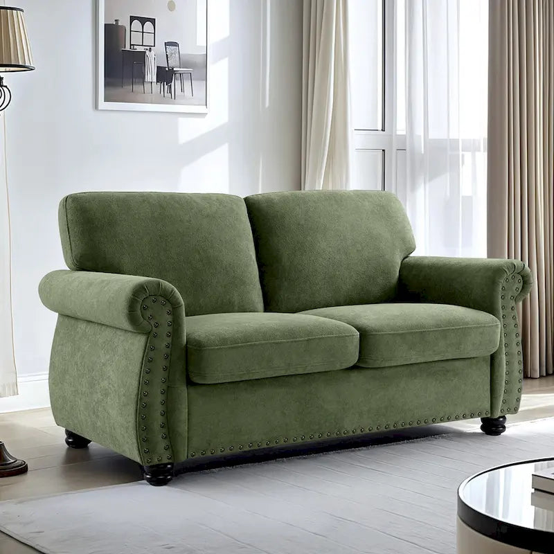 Divanetto in Velluto Stile Mid-Century Modern con Borchie e Gambe in Legno