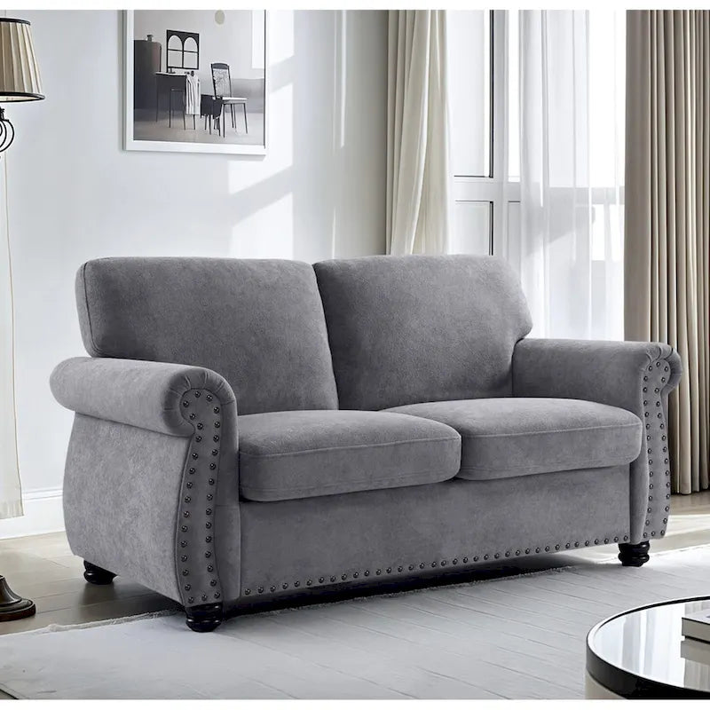 Divanetto in Velluto Stile Mid-Century Modern con Borchie e Gambe in Legno