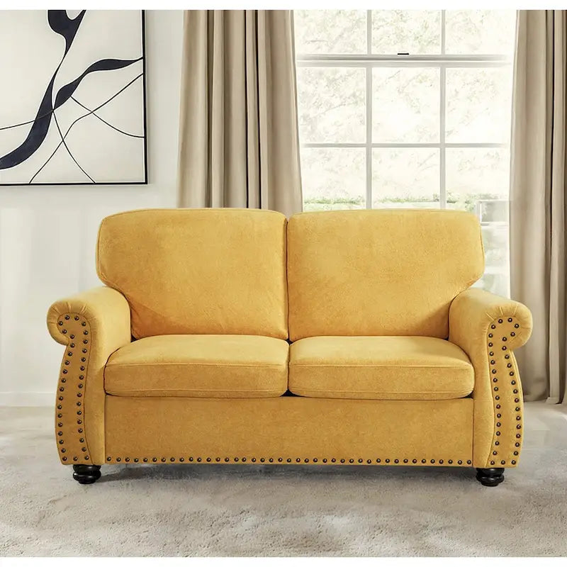 Divanetto in Velluto Stile Mid-Century Modern con Borchie e Gambe in Legno
