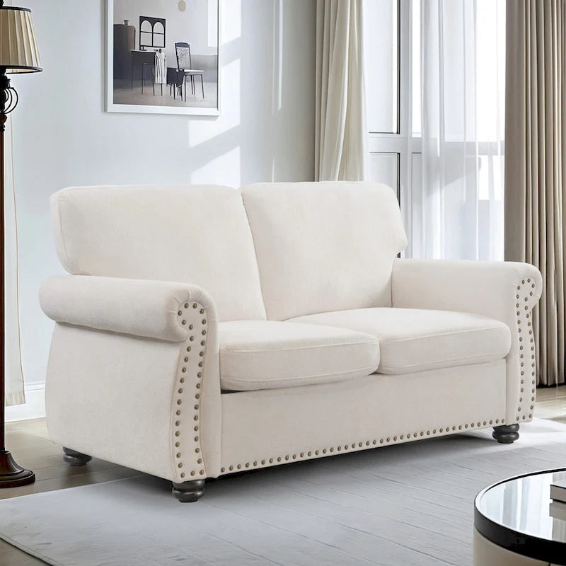 Divanetto in Velluto Stile Mid-Century Modern con Borchie e Gambe in Legno
