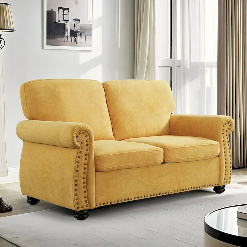 Divanetto in Velluto Stile Mid-Century Modern con Borchie e Gambe in Legno