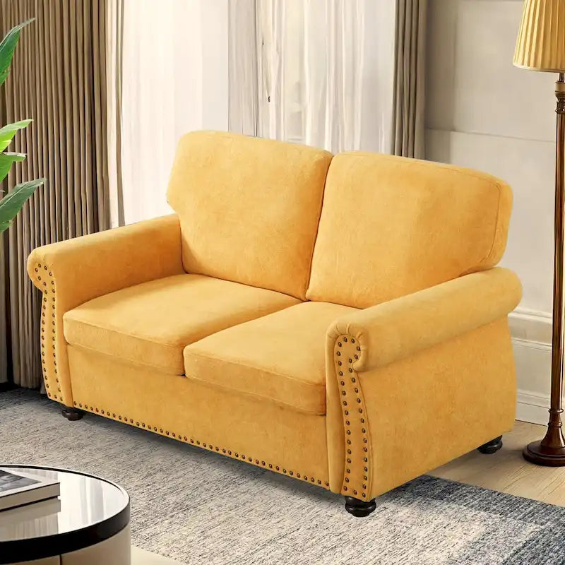 Divanetto in Velluto Stile Mid-Century Modern con Borchie e Gambe in Legno