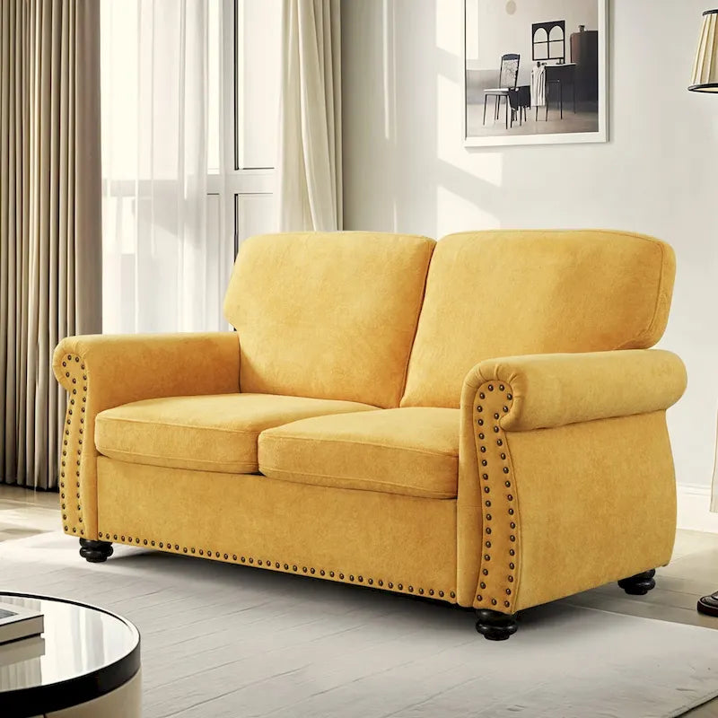 Divanetto in Velluto Stile Mid-Century Modern con Borchie e Gambe in Legno