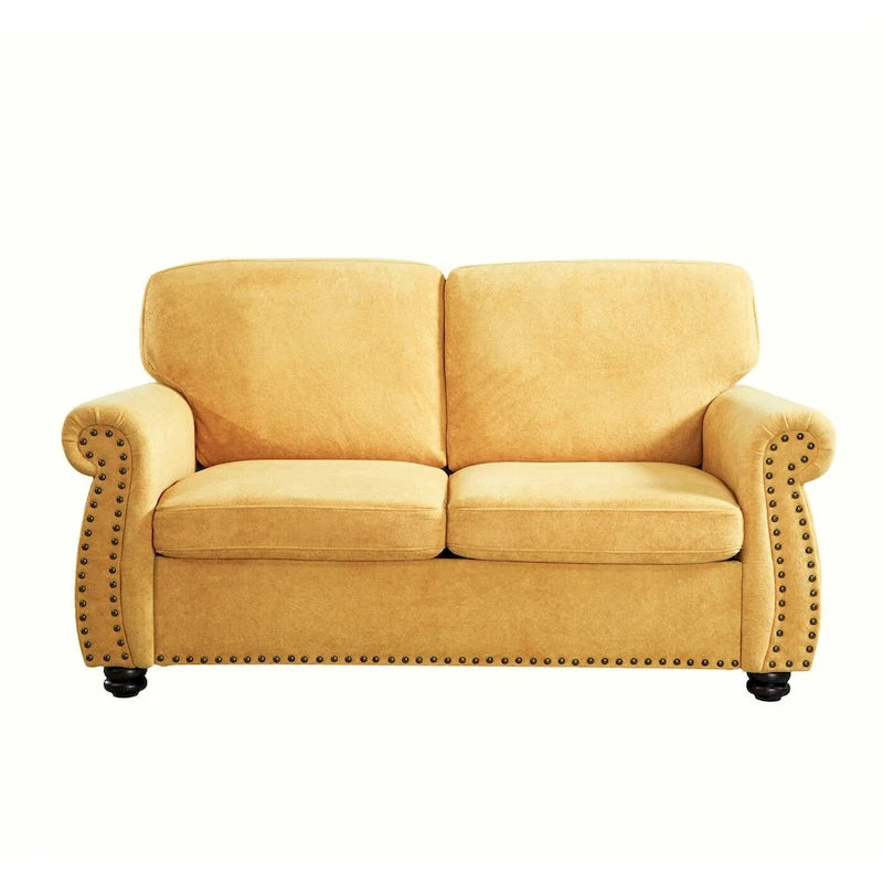 Divanetto in Velluto Stile Mid-Century Modern con Borchie e Gambe in Legno