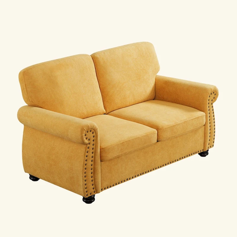 Divanetto in Velluto Stile Mid-Century Modern con Borchie e Gambe in Legno