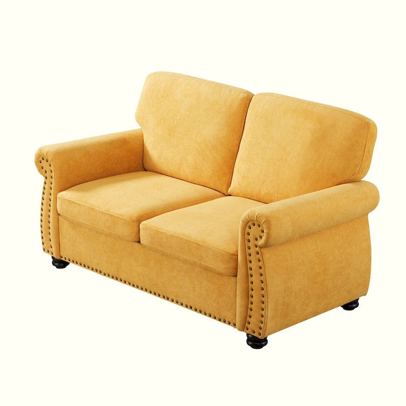 Divanetto in Velluto Stile Mid-Century Modern con Borchie e Gambe in Legno