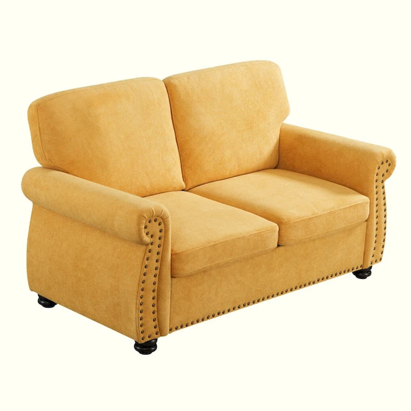Divanetto in Velluto Stile Mid-Century Modern con Borchie e Gambe in Legno