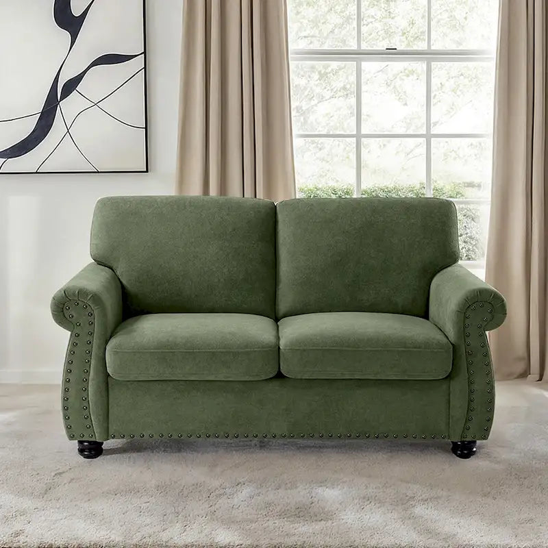 Divanetto in Velluto Stile Mid-Century Modern con Borchie e Gambe in Legno