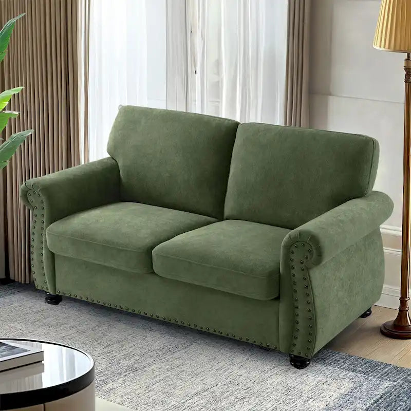 Divanetto in Velluto Stile Mid-Century Modern con Borchie e Gambe in Legno