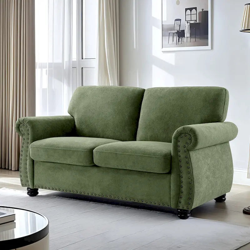 Divanetto in Velluto Stile Mid-Century Modern con Borchie e Gambe in Legno