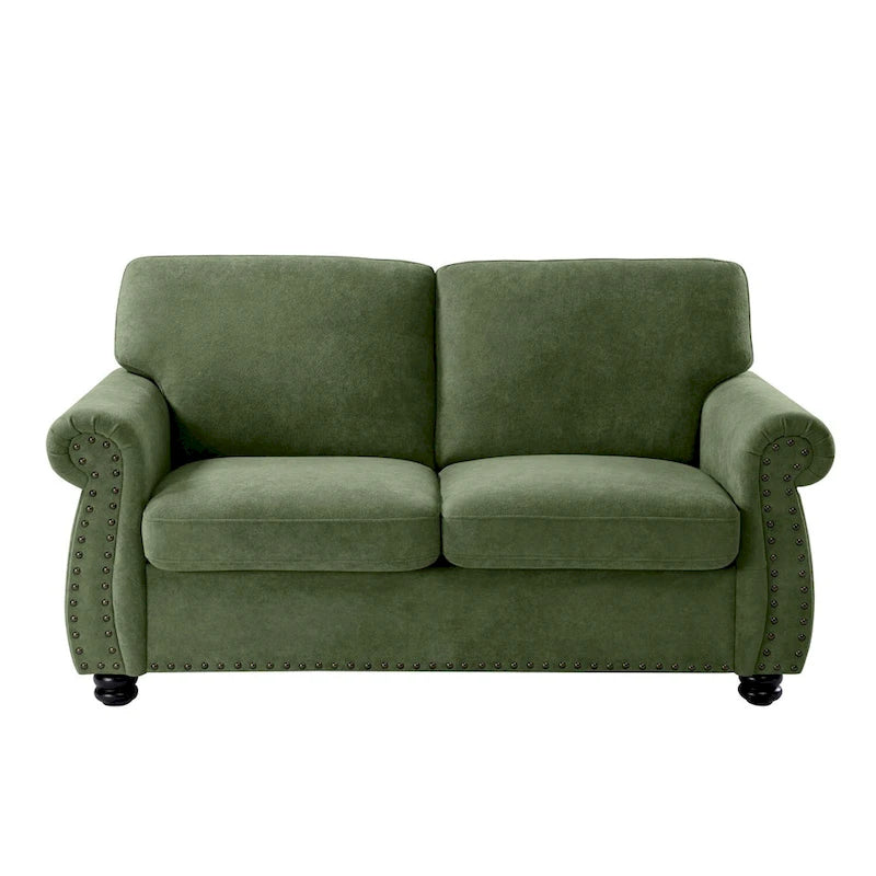 Divanetto in Velluto Stile Mid-Century Modern con Borchie e Gambe in Legno