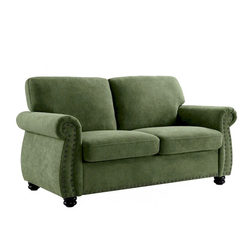 Divanetto in Velluto Stile Mid-Century Modern con Borchie e Gambe in Legno