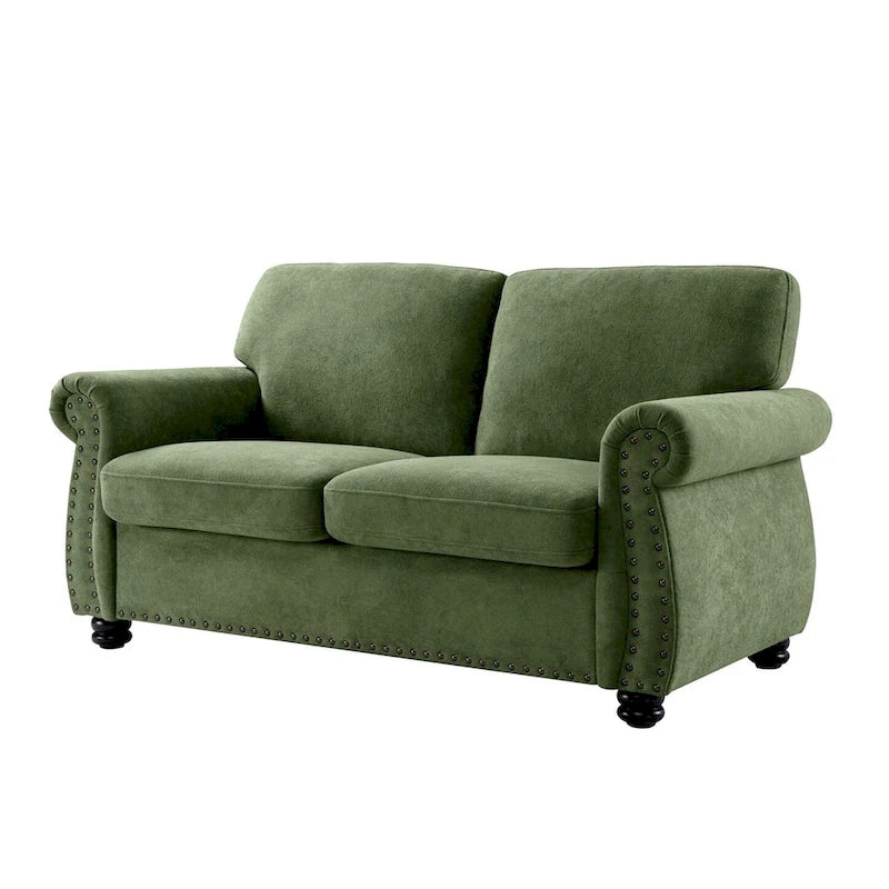 Divanetto in Velluto Stile Mid-Century Modern con Borchie e Gambe in Legno