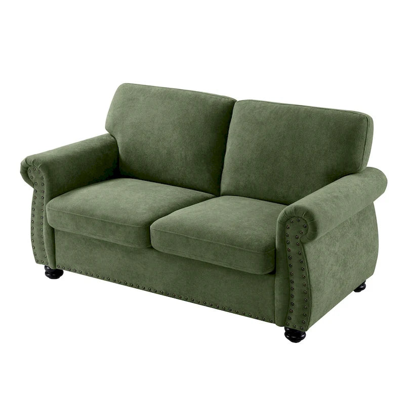 Divanetto in Velluto Stile Mid-Century Modern con Borchie e Gambe in Legno